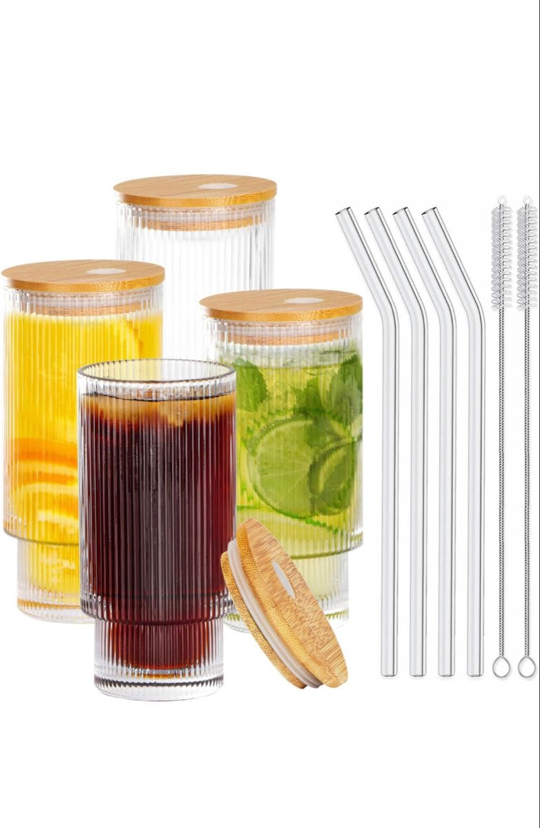 Ribbed Glass Cup with Lid & Straw