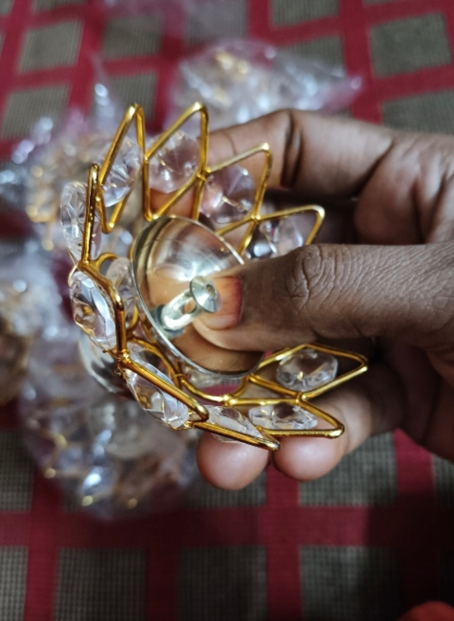 Elegant Lotus Shape Crystal Tea Light/Diya Holder (Gold) - Set of 6