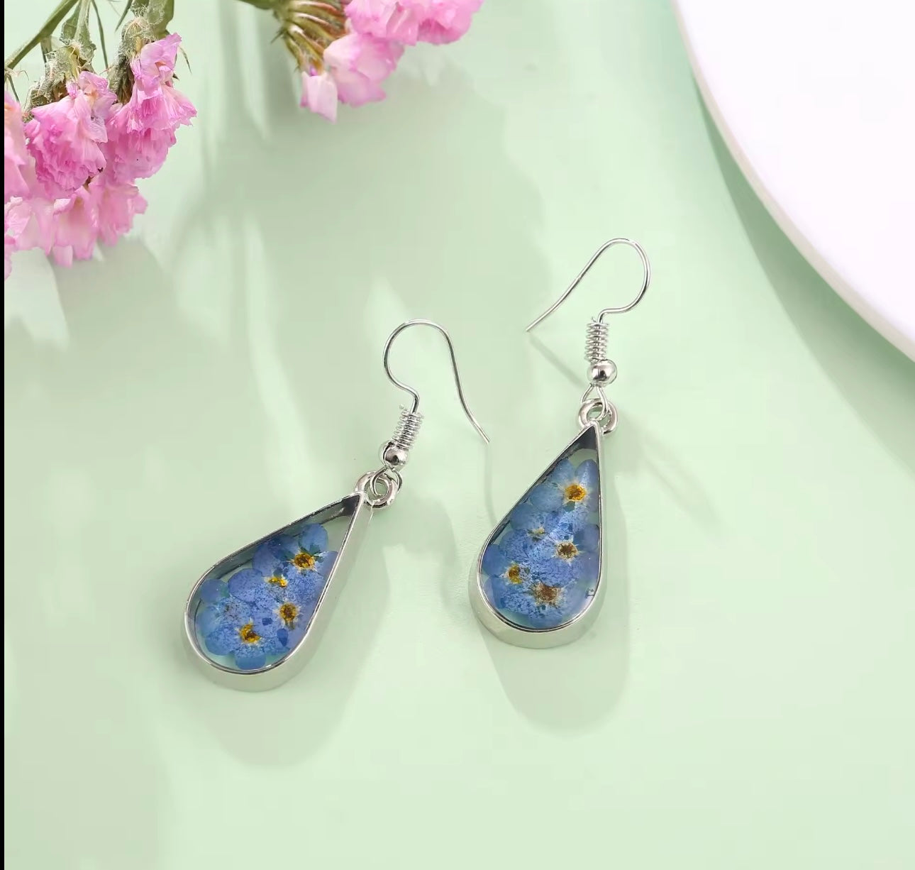 Earrings with Real Forget-Me-Not Pressed Flowers