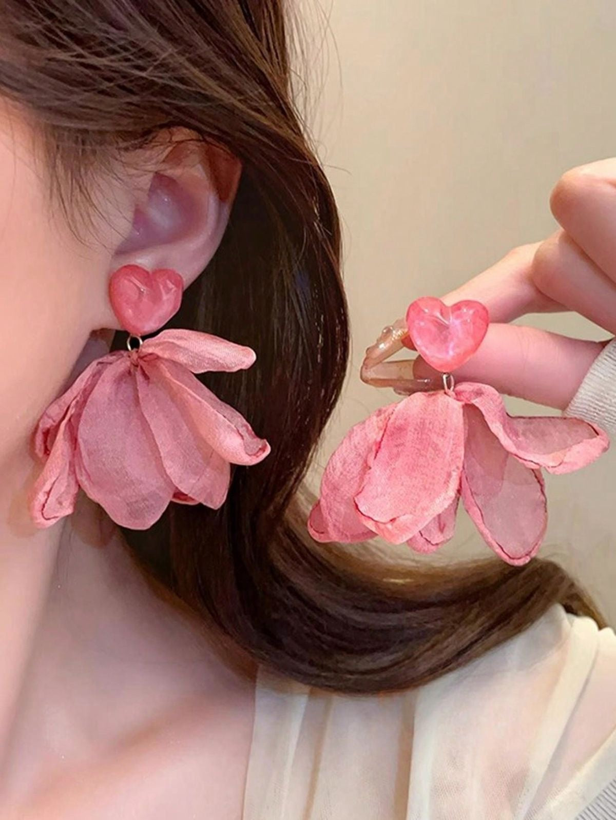 Heart Shape Lace Mesh Flower Chiffon Earrings