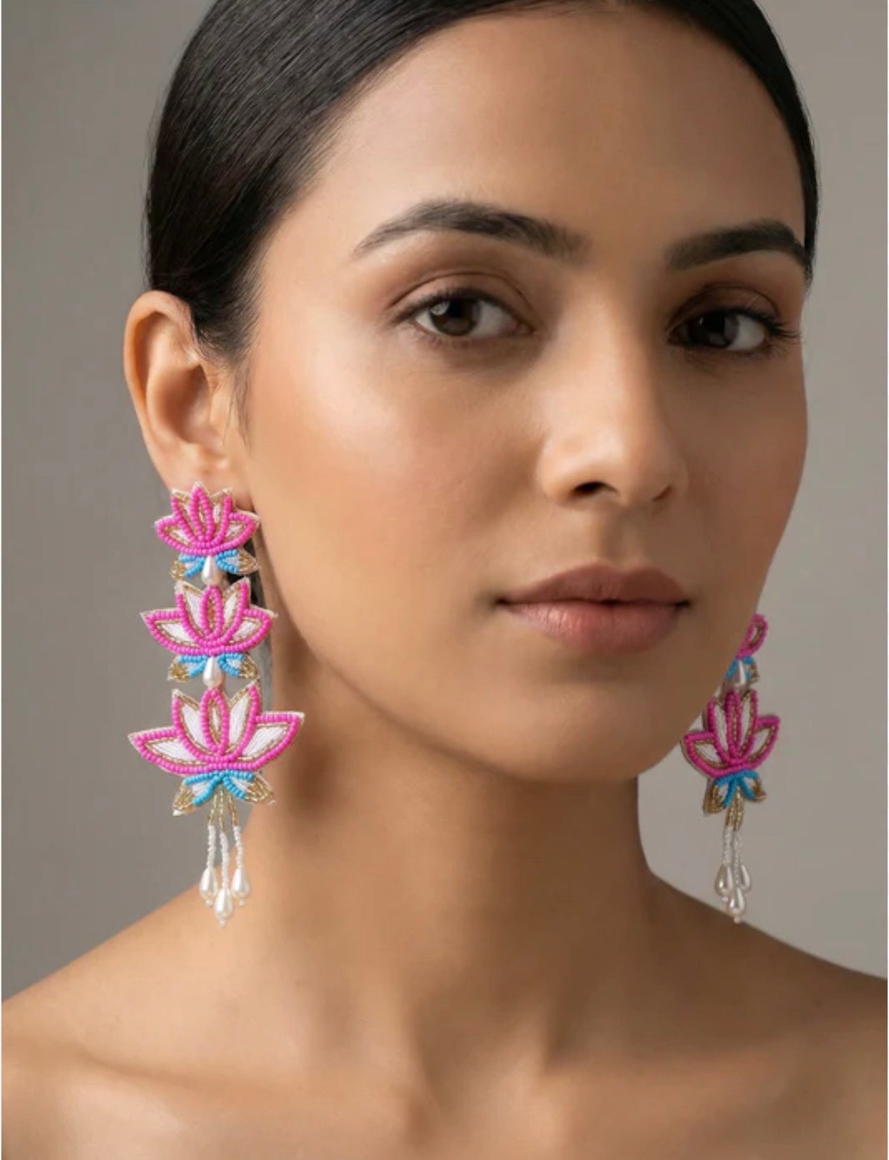 Handmade Beaded Statement Boho Ethnic Lotus Pink Large Earrings