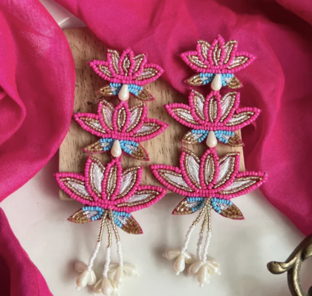 Handmade Beaded Statement Boho Ethnic Lotus Pink Large Earrings
