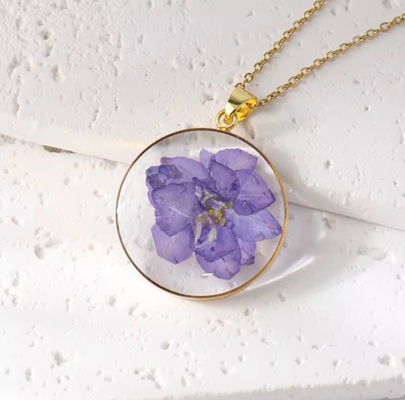 Real Delphinium Consolida Purple Larkspur Flower Pendant