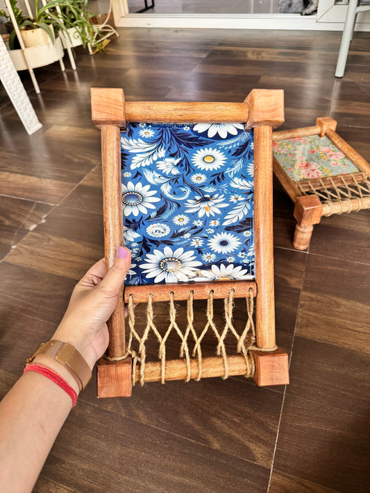 Exquisite Royal Blue Floral Print Wooden Khatiya/Cot Tray