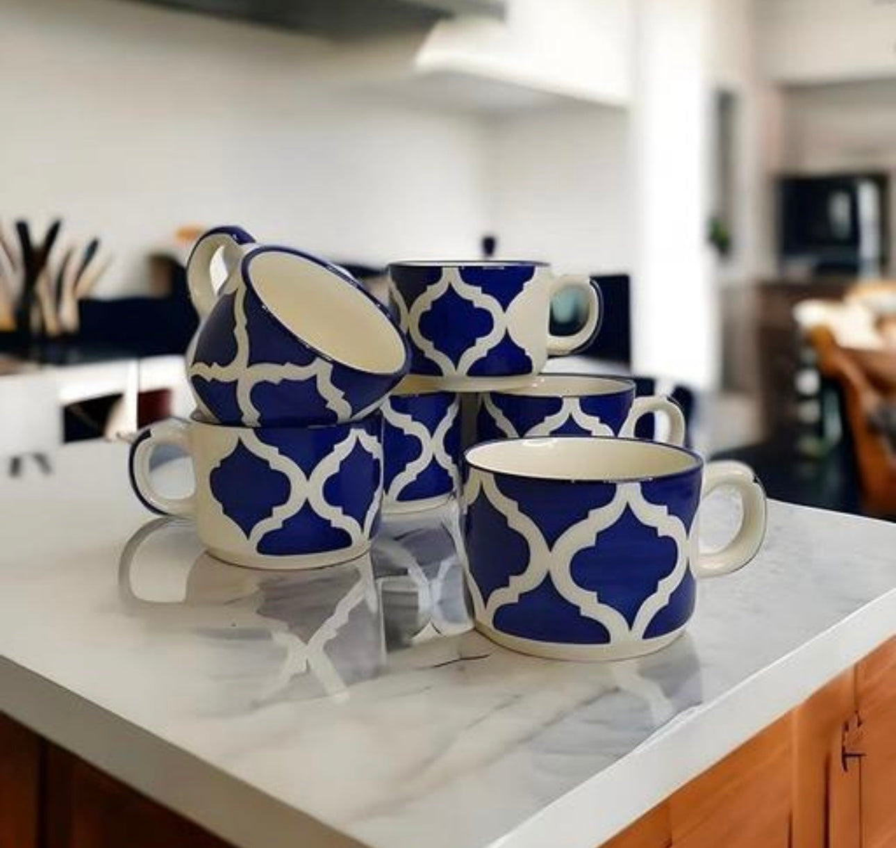 Moroccan Blue & White Ceramic Cups - Set of 6