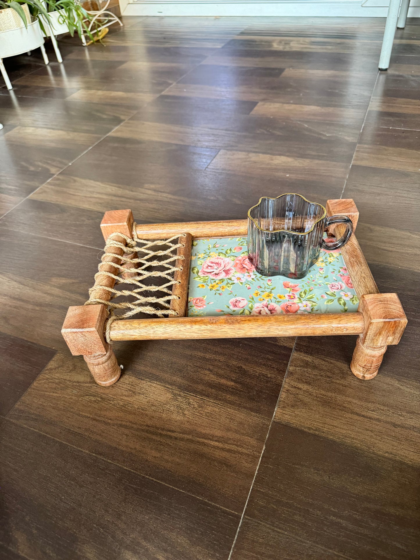 Exquisite Floral Print Wooden Khatiya/Cot Tray
