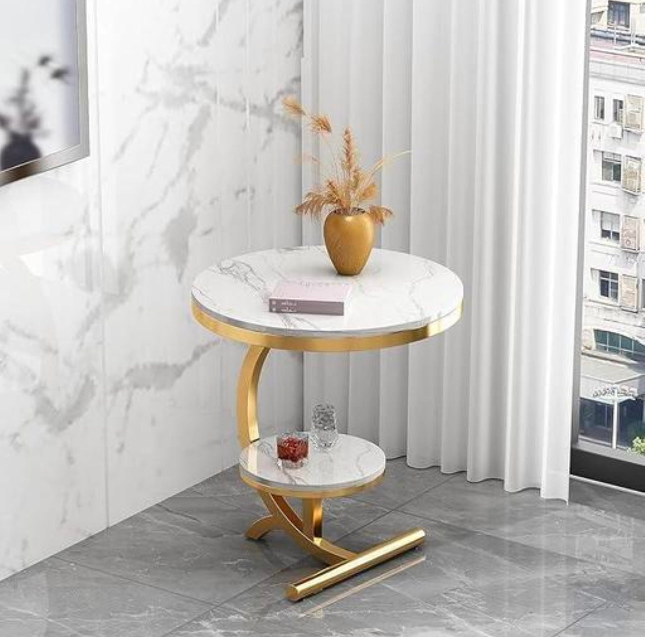 Gold 2-Tier Side Table with White Faux Marble Top