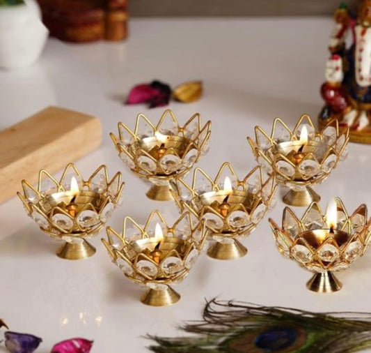 Elegant Lotus Shape Crystal Tea Light/Diya Holder (Gold) - Set of 6