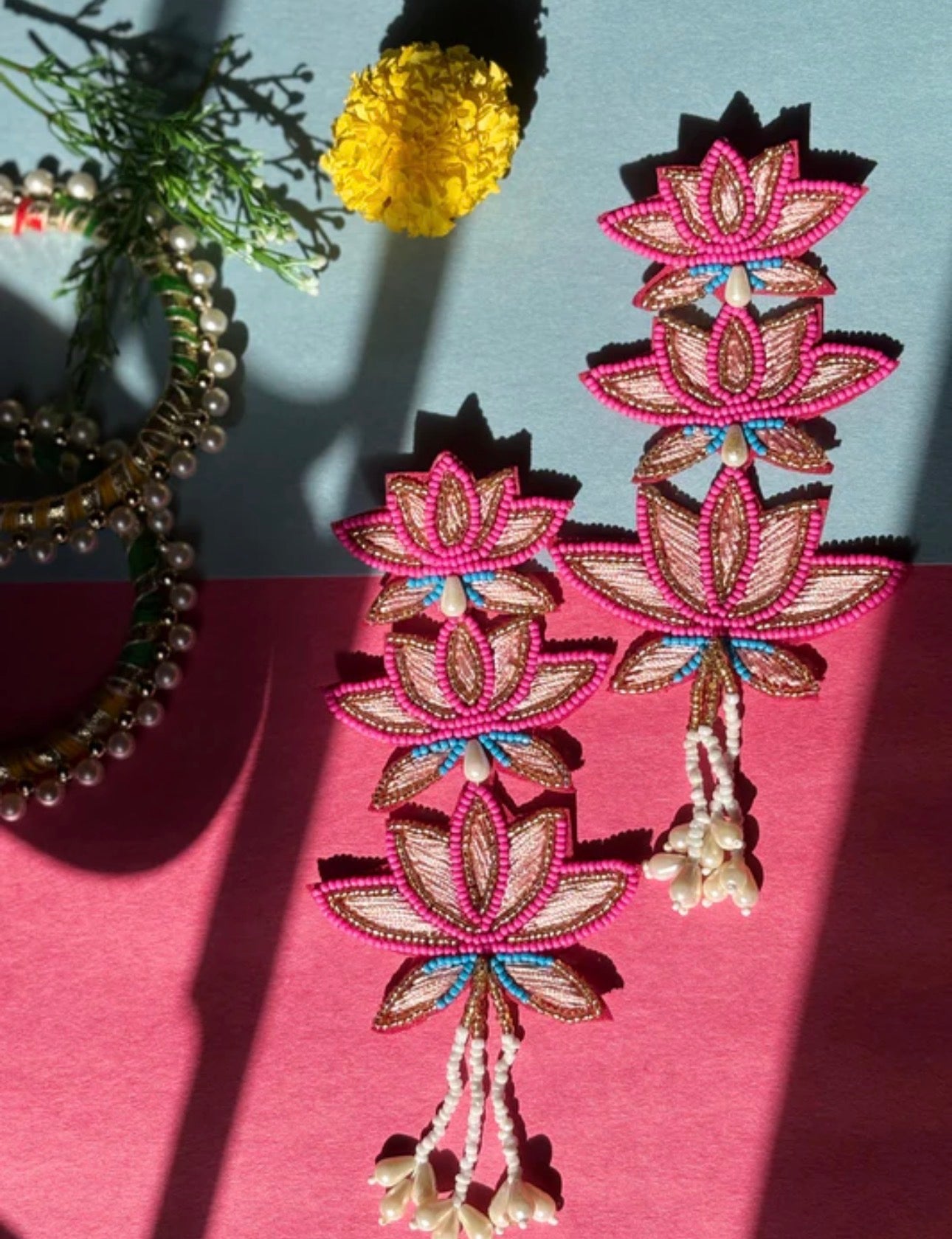 Handmade Beaded Statement Boho Ethnic Lotus Pink Large Earrings