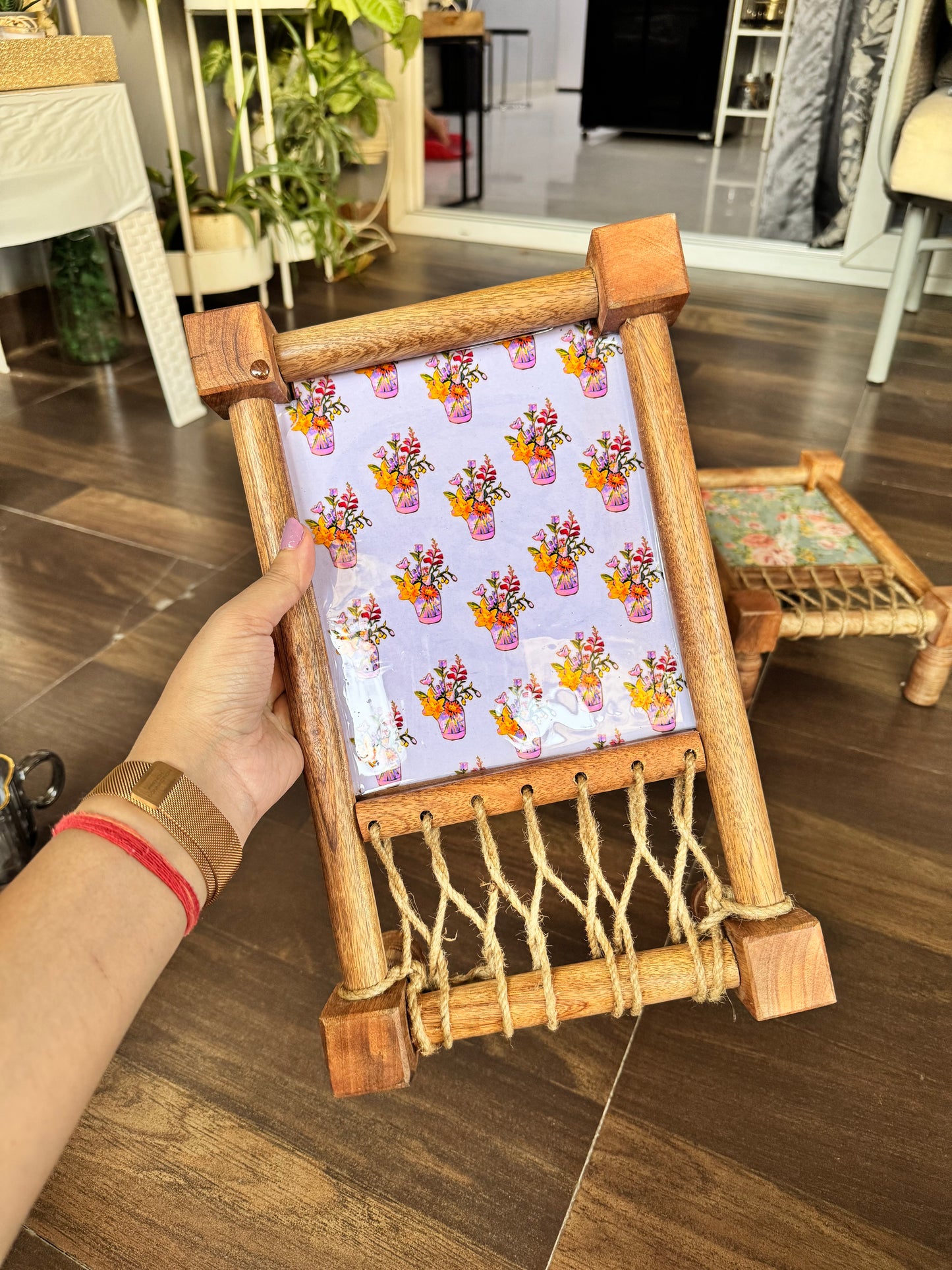 Royal Elegance Floral Print Wooden Khatiya/Cot Tray