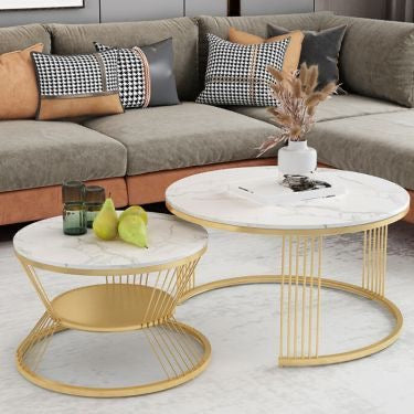 Modern Nesting Coffee Tables with White Faux Marble Top & Metal base