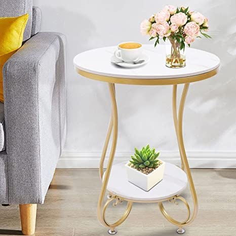 Elegant Gold 2-Tier Side Table with White Faux Marble Top