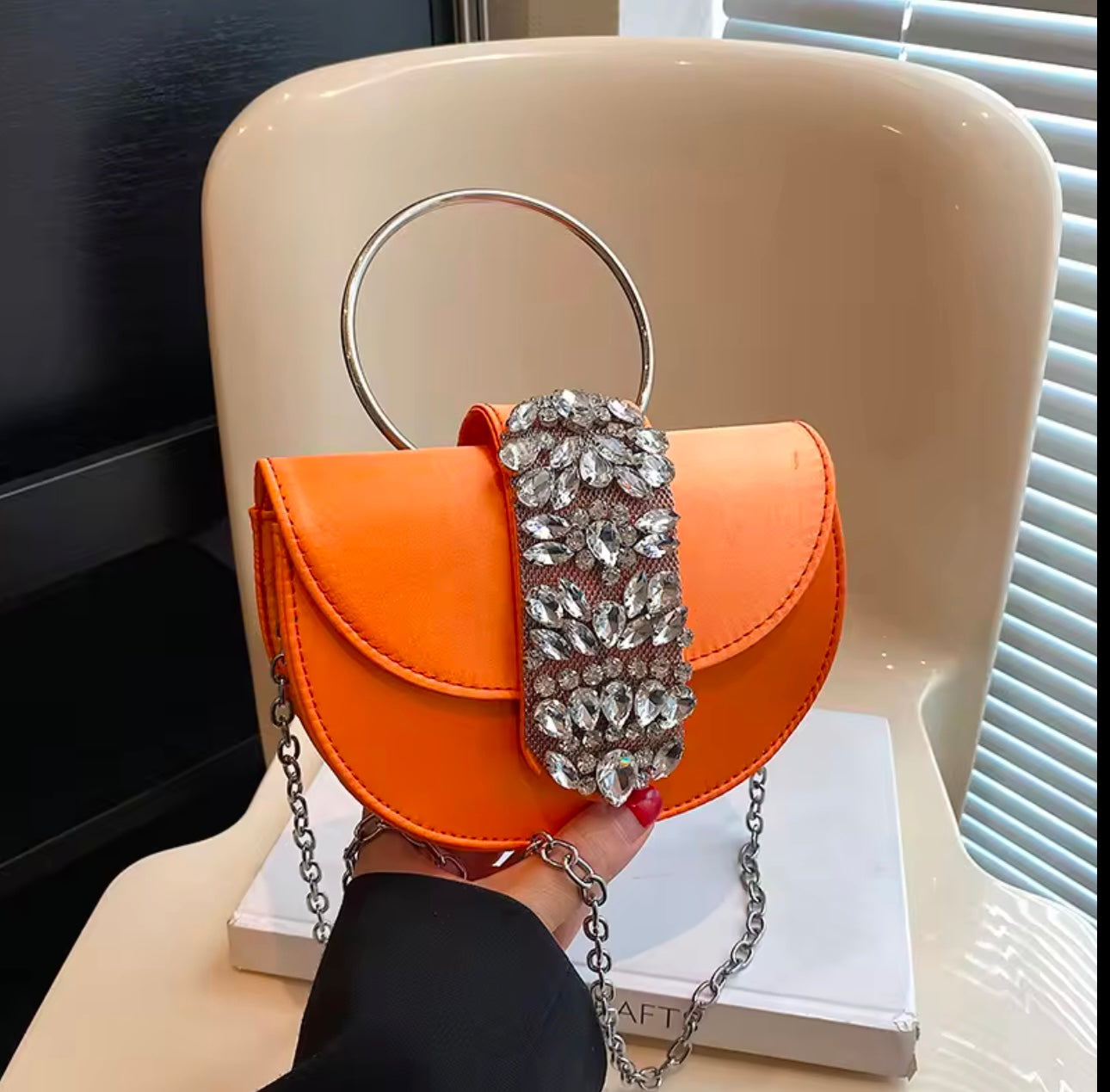 Exclusive Studded Rhinestone Detail Statement Saddle Bag with Round Handle