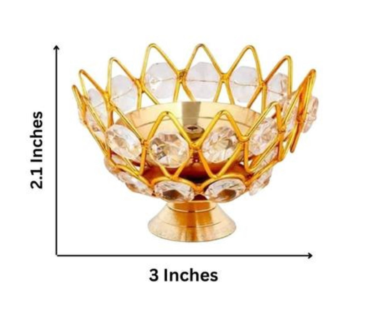 Elegant Lotus Shape Crystal Tea Light/Diya Holder (Gold) - Set of 6