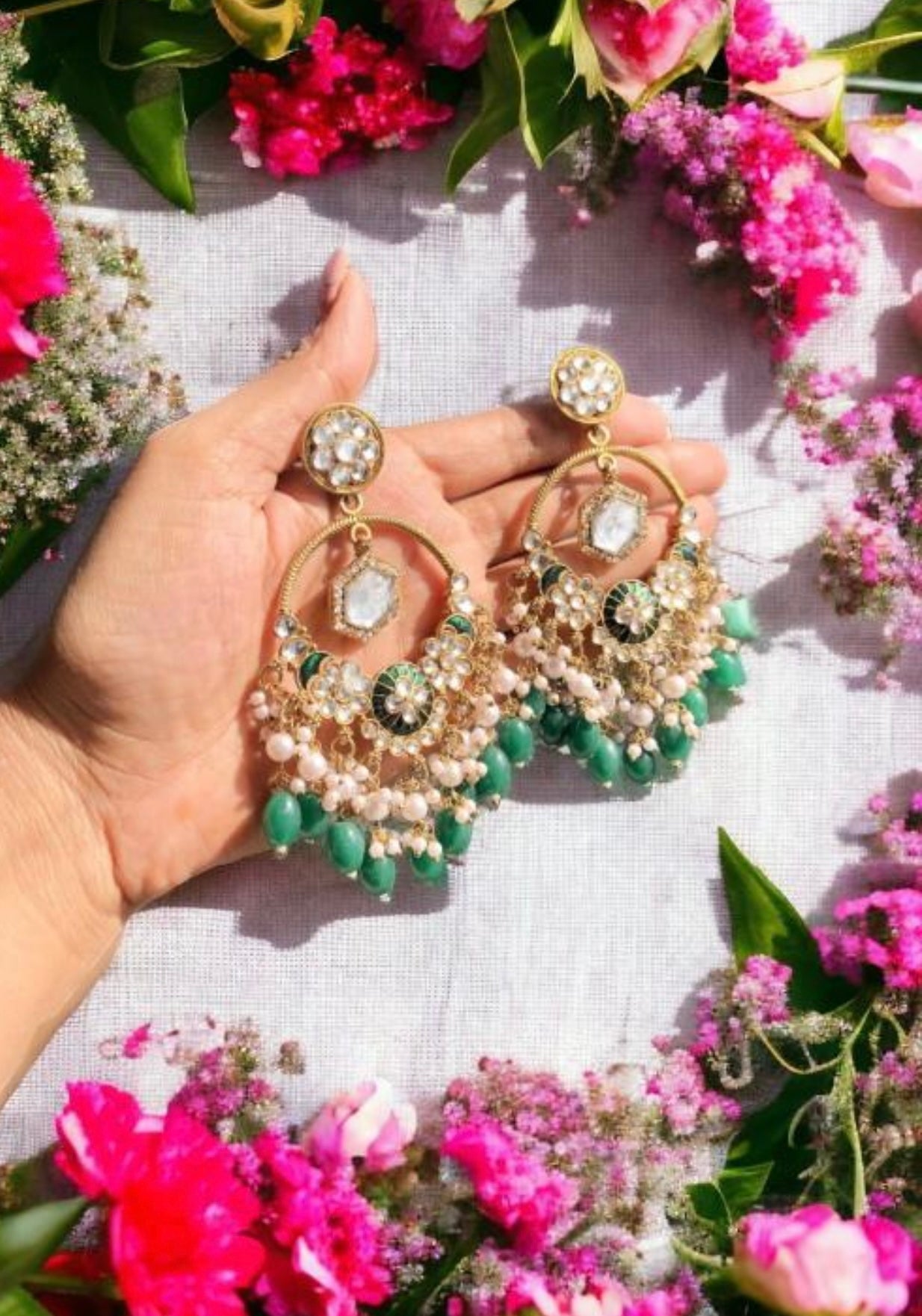 Green Elegant Heavy Chandbali Pearls Earrings