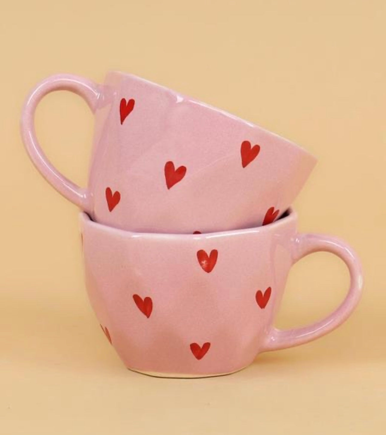 Red Hearts Print Pink Cups - Set of 2
