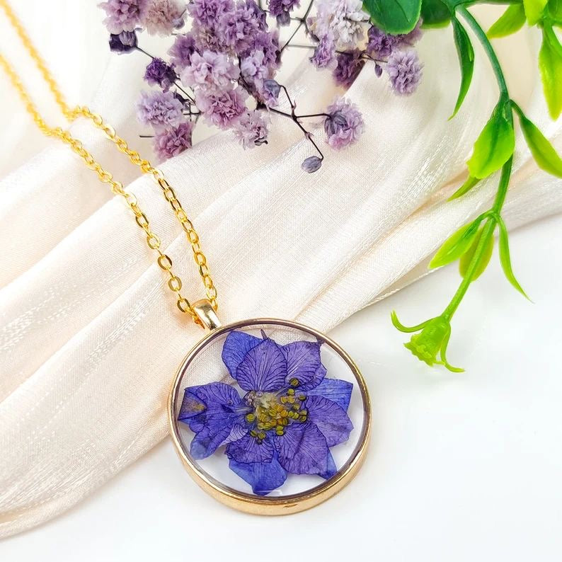 Real Delphinium Consolida Purple Larkspur Flower Pendant