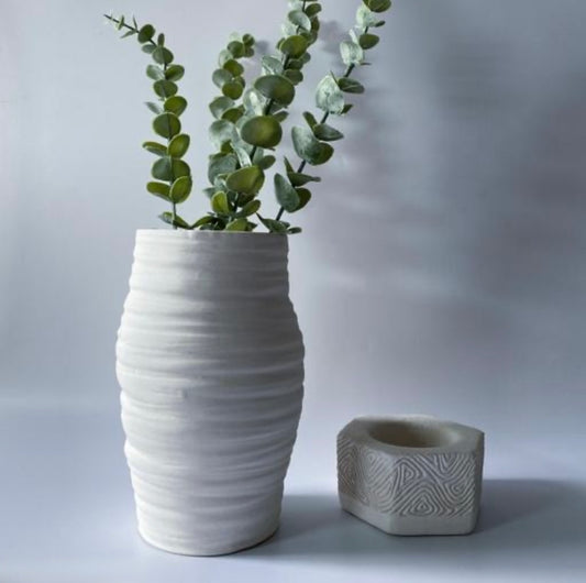 Decorative White Carved Pottery Textured Vase