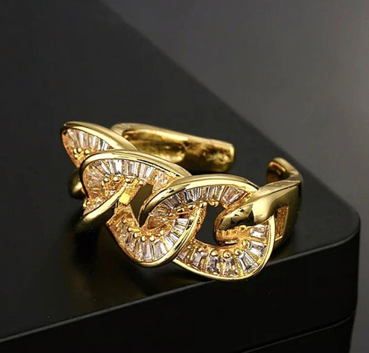 Elegant Cuban Rhinestones Chain Link Ring
