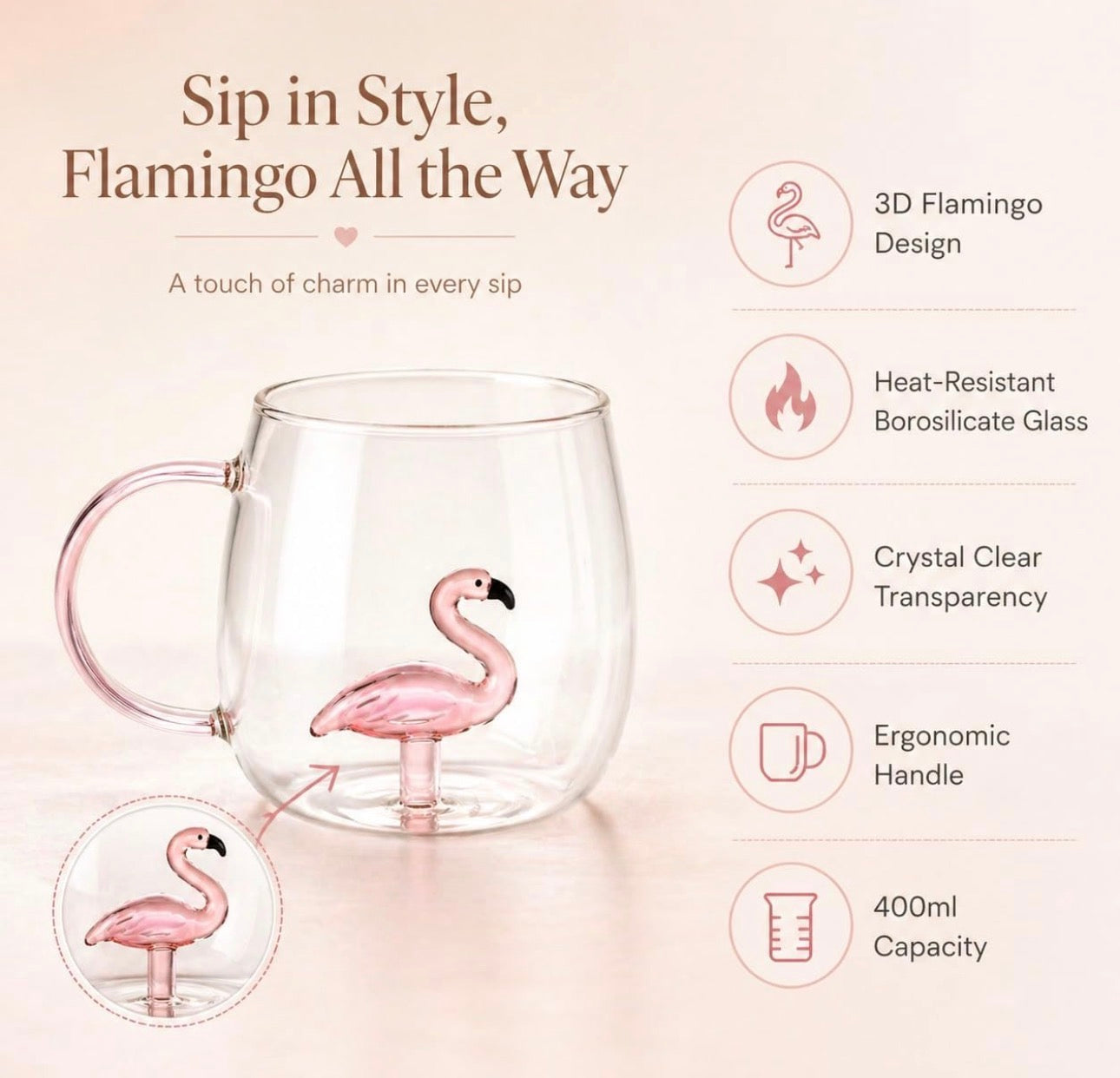 Transparent 3D Crystal Flamingo Mug