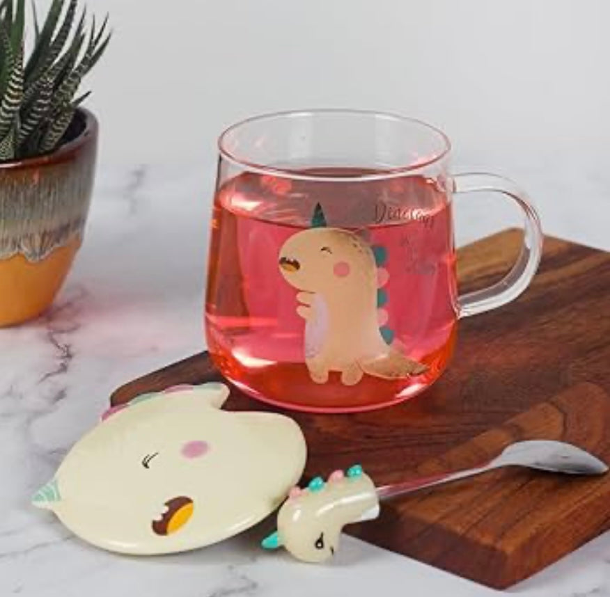 Ceramic Transparent Dino Mug with Lid & Spoon