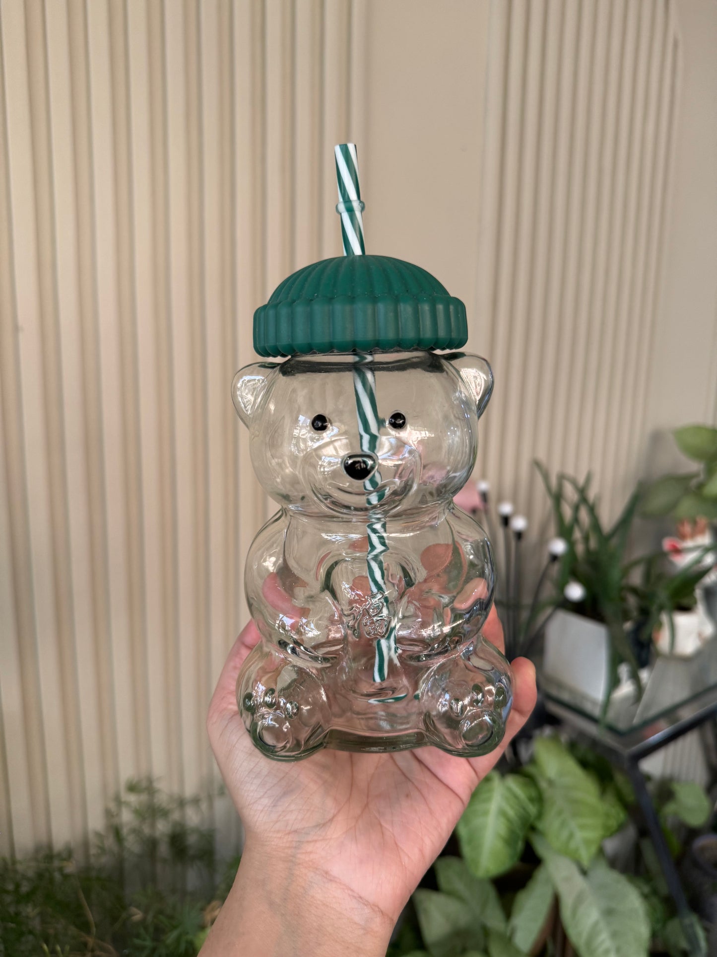 Cute Teddy Glass Tumbler with Straw & Lid