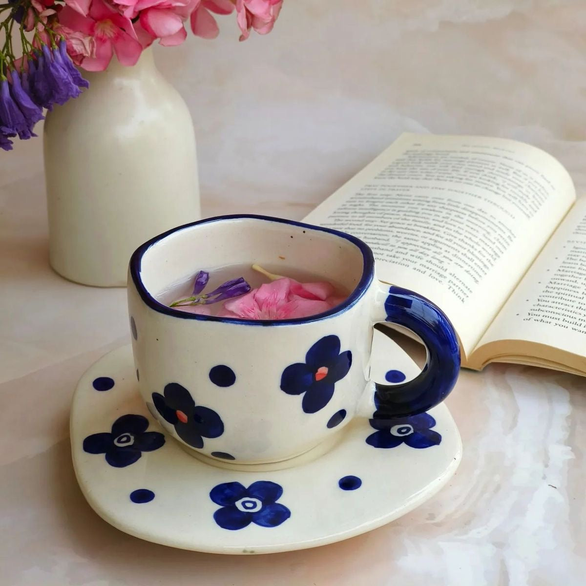 Blue & White Flowers Mug & Saucer Set