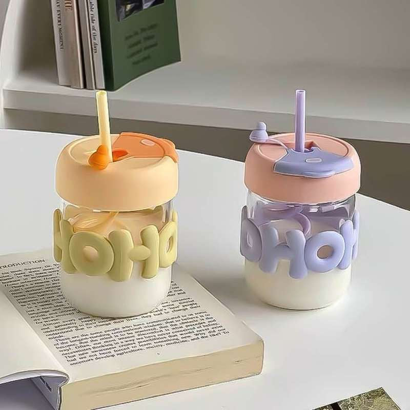 Cute Hohoho Portable Glass Tumbler with Straw & Lid