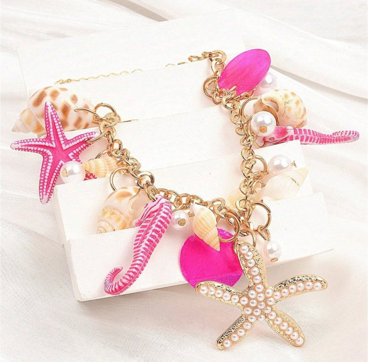 Bohemian Ocean Elements Pink Shells & Starfish Necklace