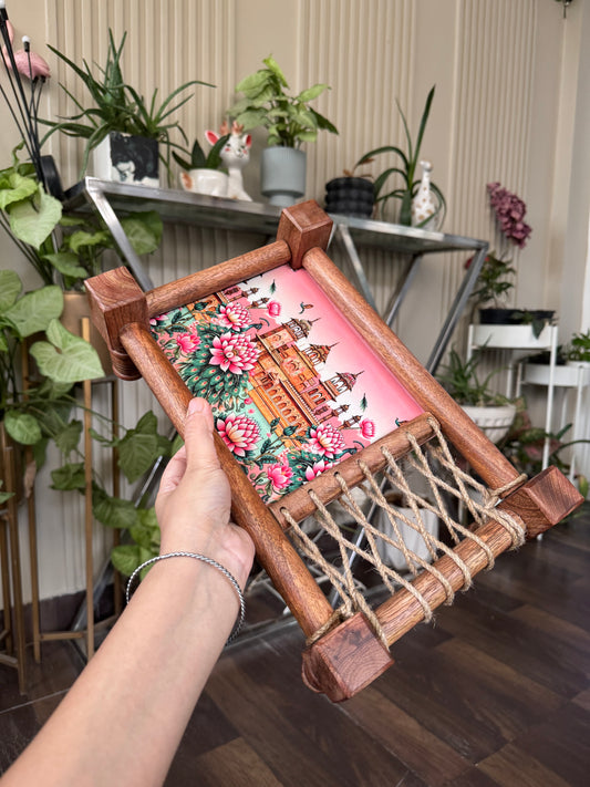 Rustic “Jaipur” Print Wooden Khatiya Tray/ Khaat Tray / Khaat Platter / Khatiya Platter / Cot Tray