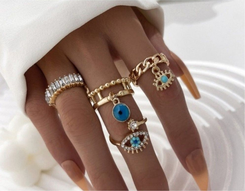 Vintage Boho Statement Gold Blue Evil Eye Rings - Set of 4