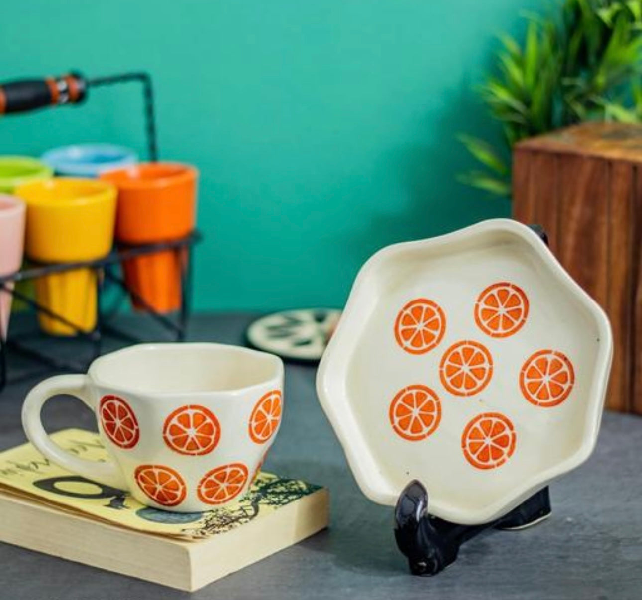 Playful Orange Print Cup & Saucer Set