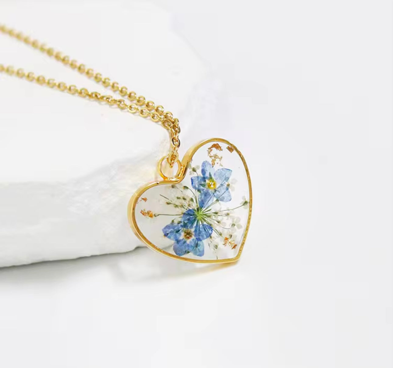 Heart Pendant with Real Forget-Me-Not Pressed Flowers