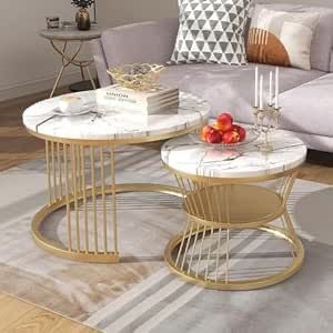 Modern Nesting Coffee Tables with White Faux Marble Top & Metal base