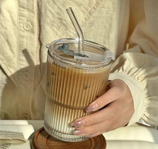 Striped Glass Cup with Straw & Lid