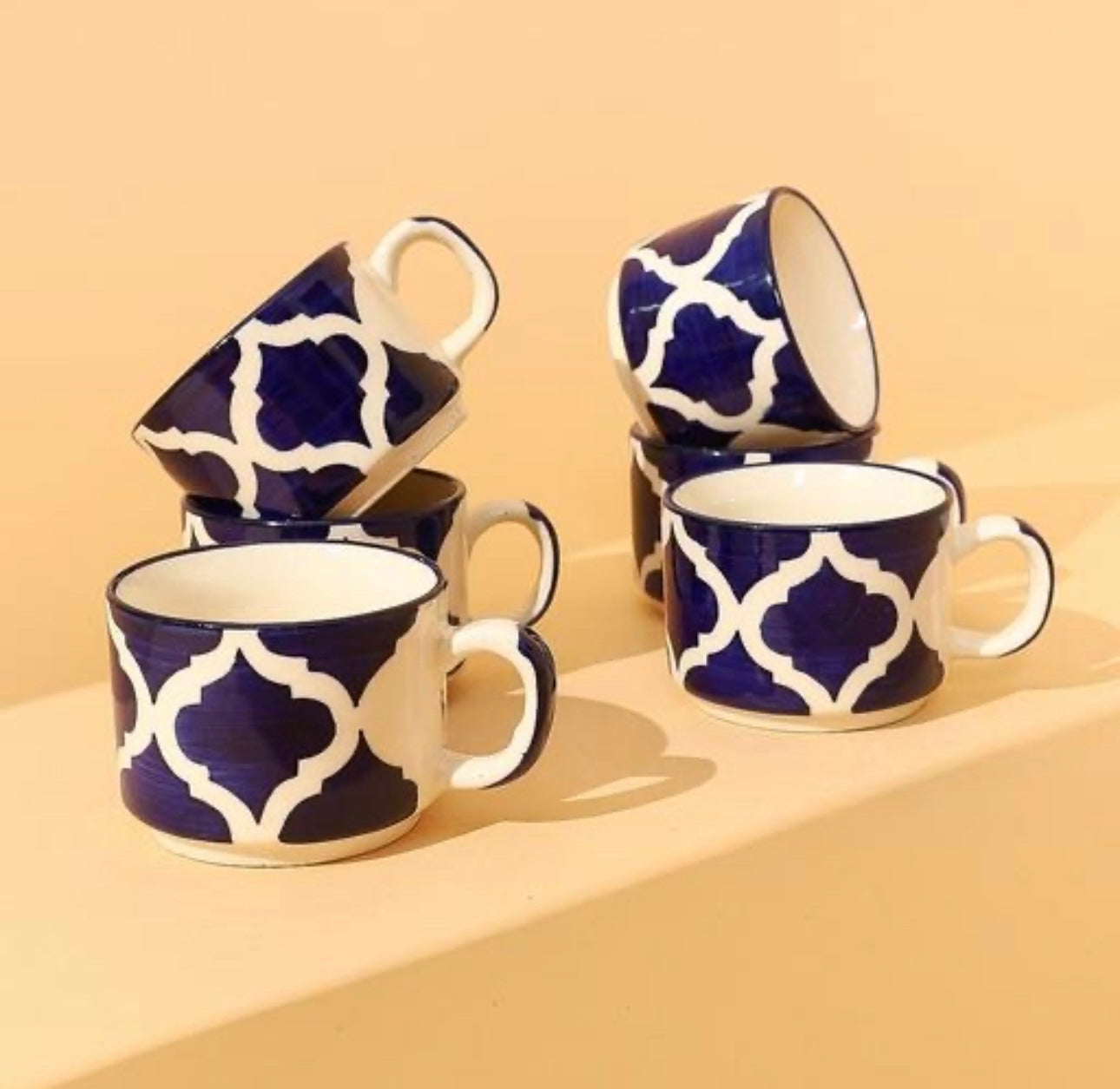 Moroccan Blue & White Ceramic Cups - Set of 6