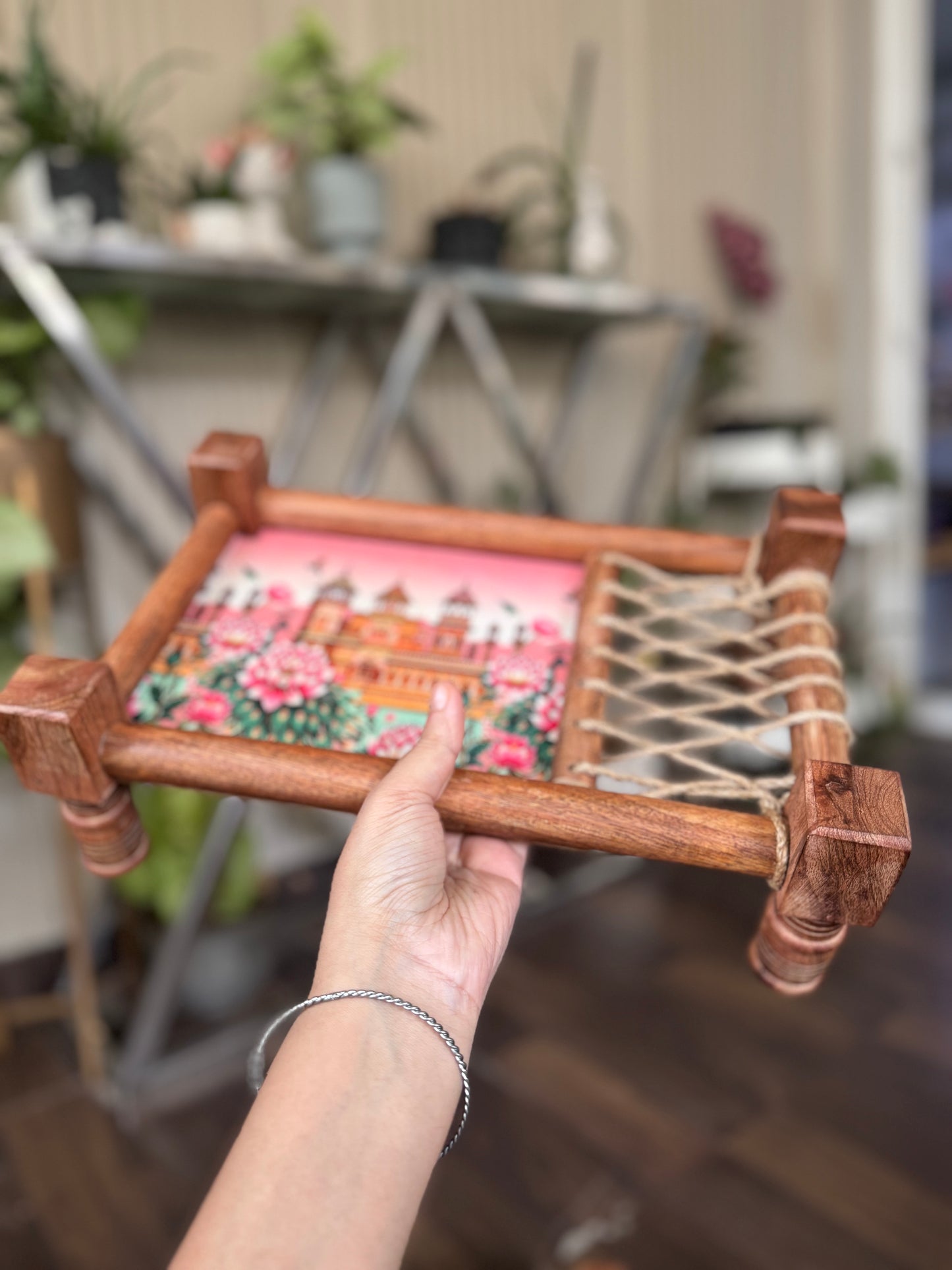 Rustic “Jaipur” Print Wooden Khatiya Tray/ Khaat Tray / Khaat Platter / Khatiya Platter / Cot Tray