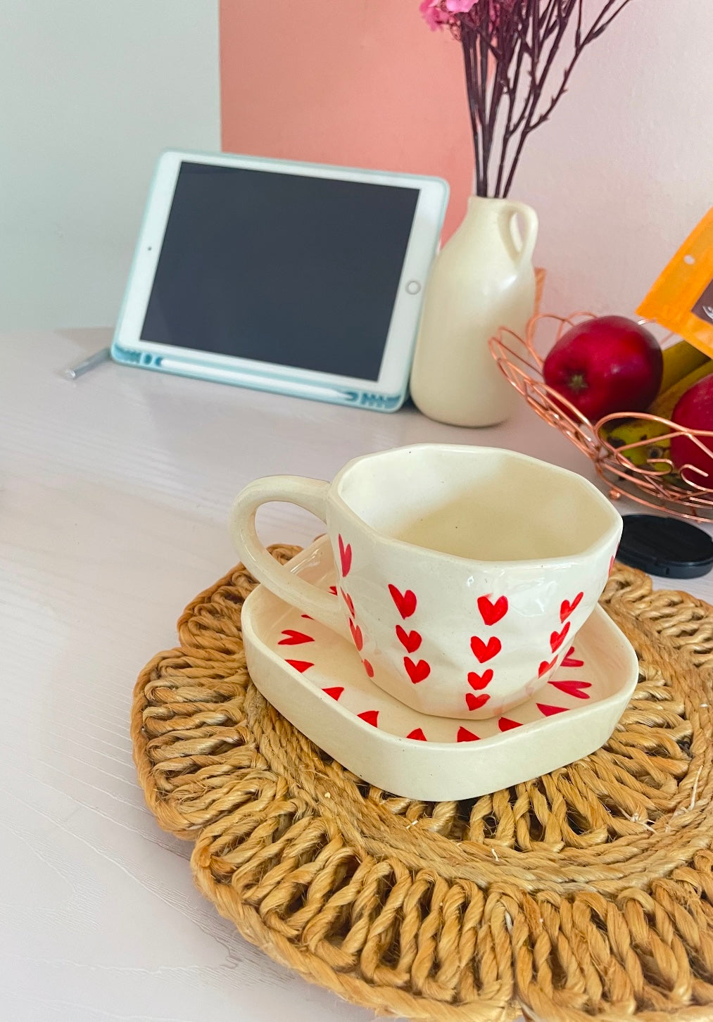 Cute Heart Print Mug & Saucer Set