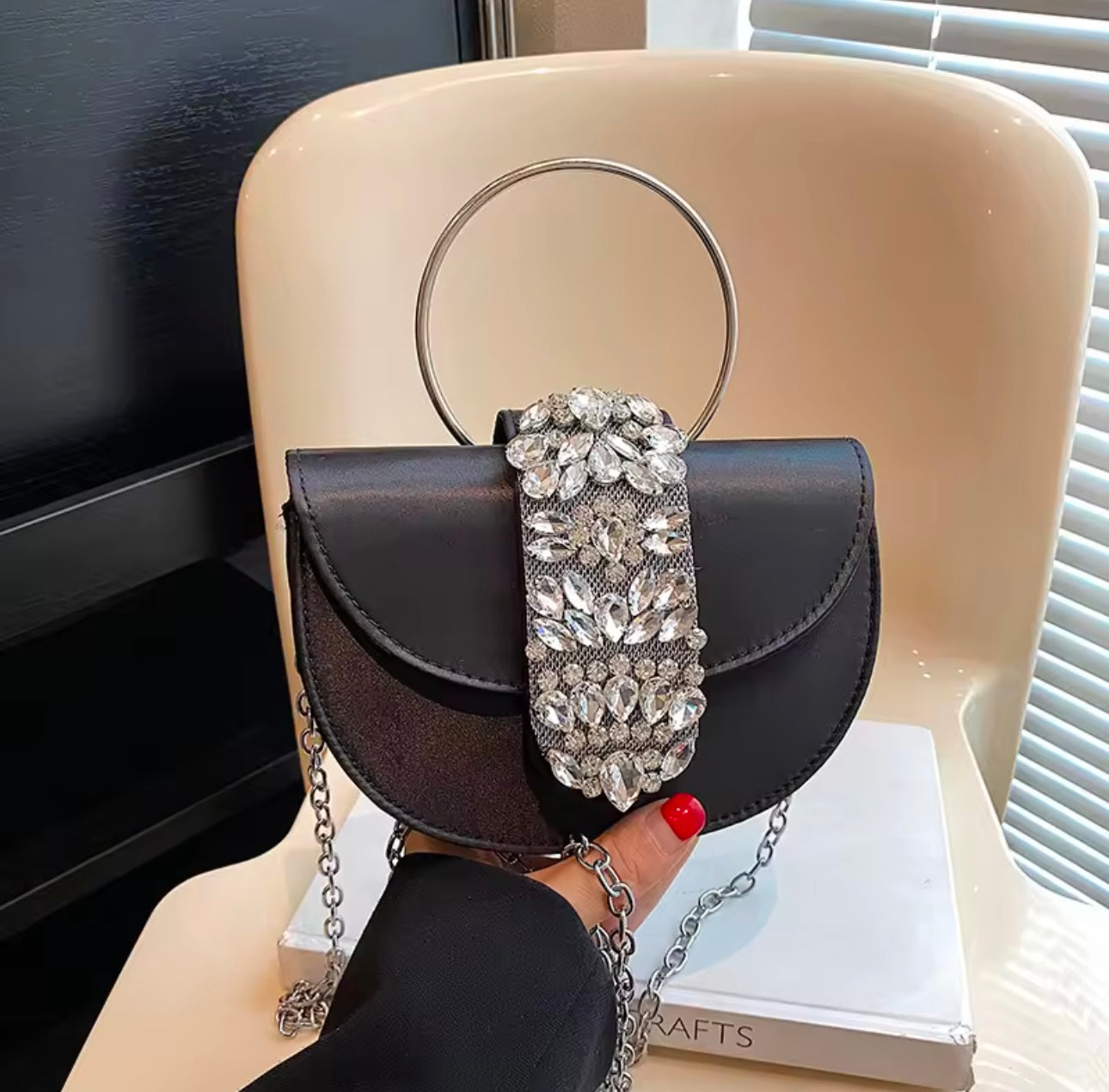 Exclusive Studded Rhinestone Detail Statement Saddle Bag with Round Handle