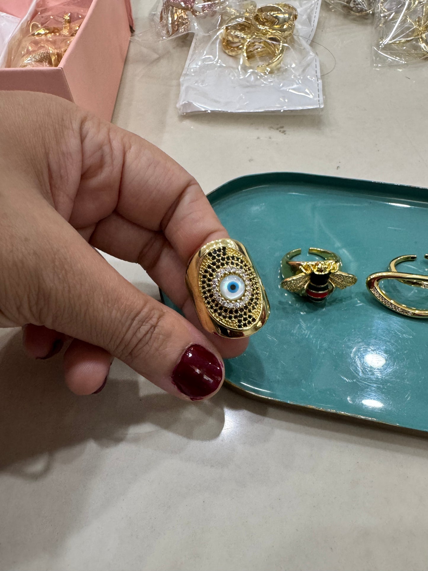Gold Plated Metal Rhinestones Evil Eye Ring