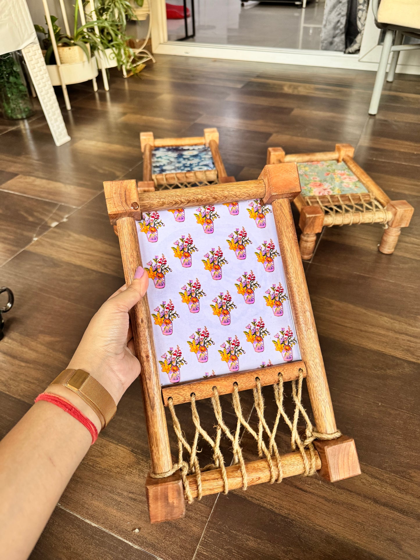 Royal Elegance Floral Print Wooden Khatiya/Cot Tray