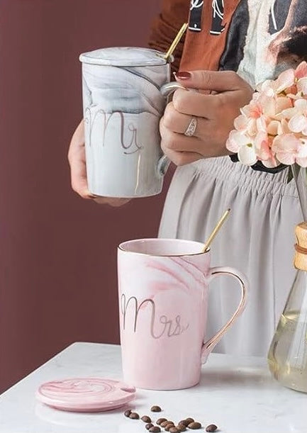 Mr & Mrs Mugs Set with Lid & Stirrer