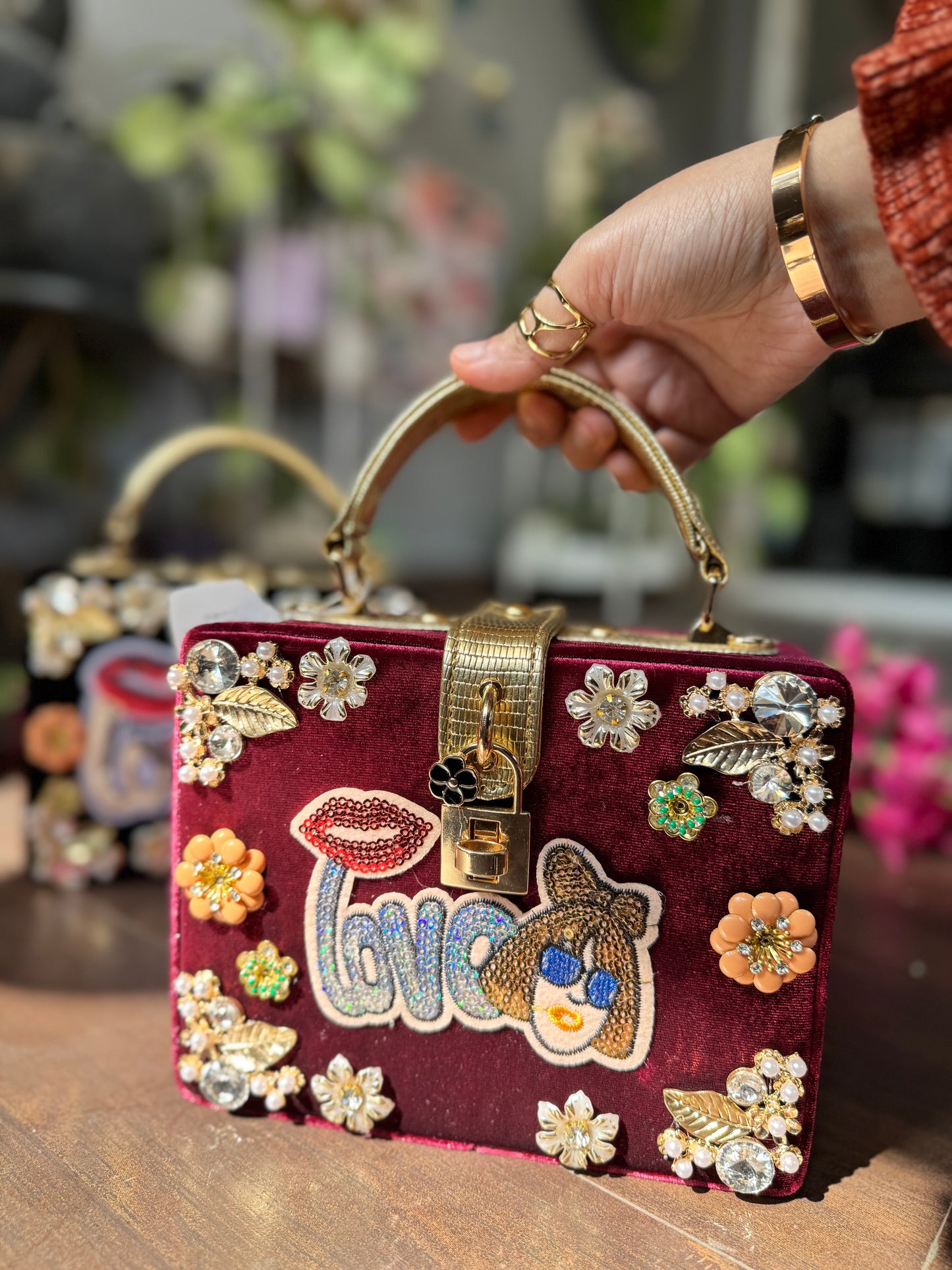 Luxe Designer Limited Edition Velvet Box Bag / Rhinestones Detail Party Handbag