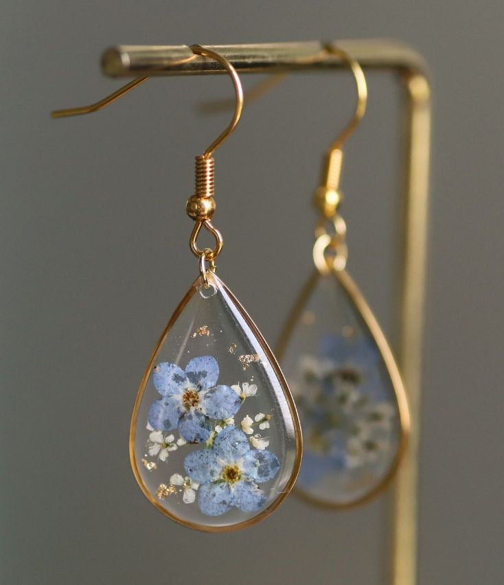 Earrings with Real Forget-Me-Not Pressed Flowers