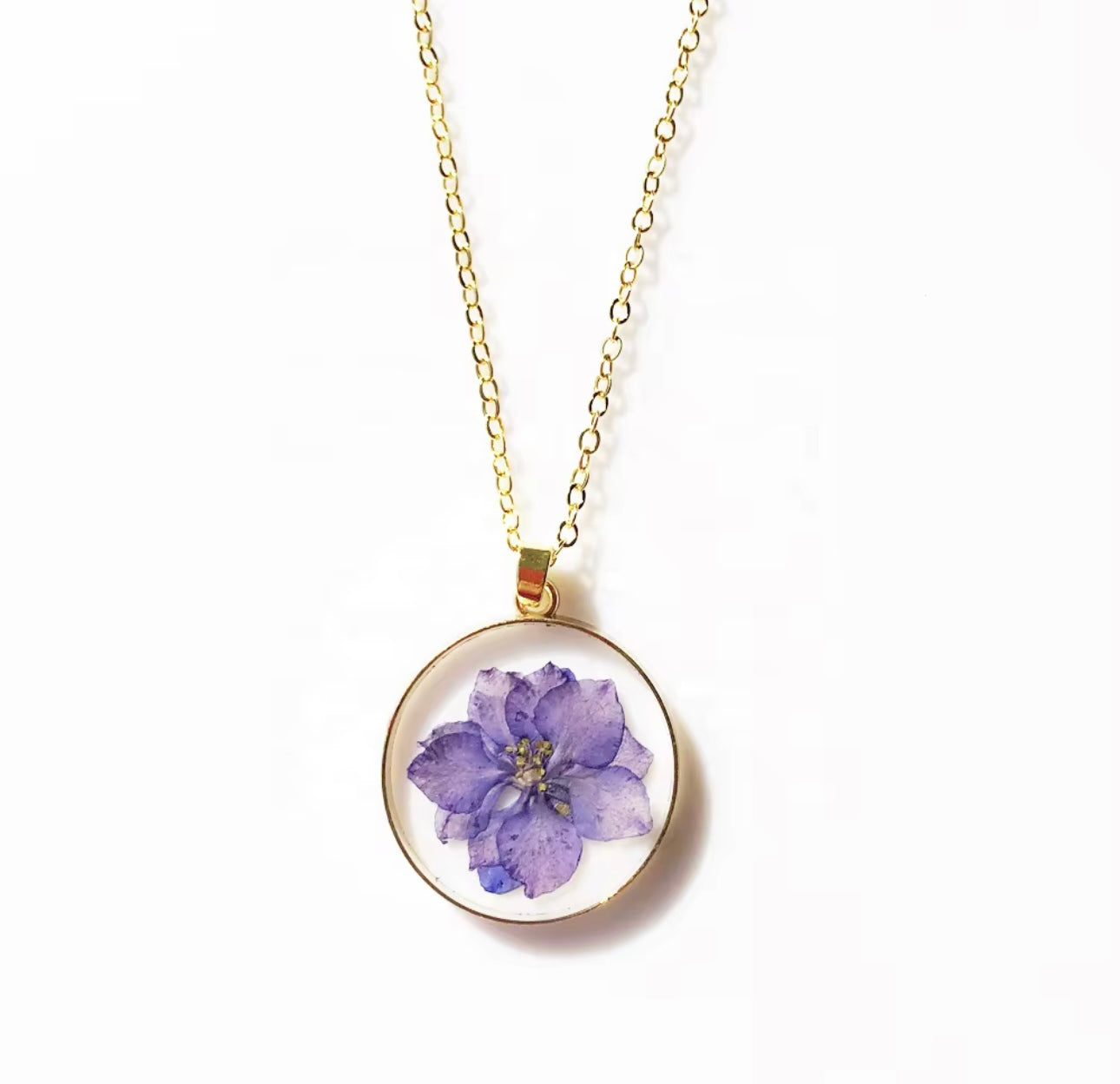 Real Delphinium Consolida Purple Larkspur Flower Pendant