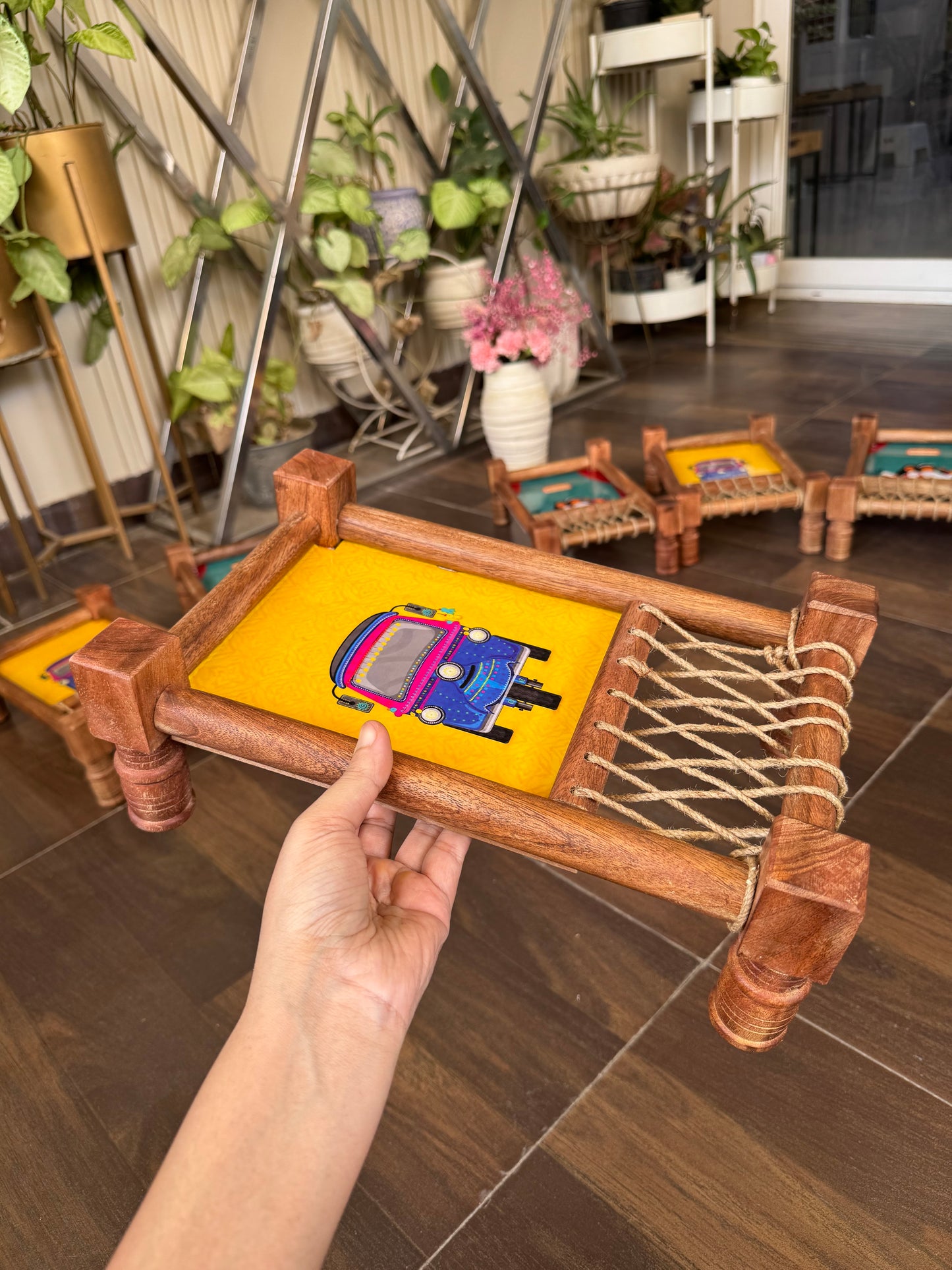 Ethnic “Auto Riksha” Print Wooden Khatiya Tray/ Khaat Tray / Khaat Platter / Khatiya Platter / Cot Tray