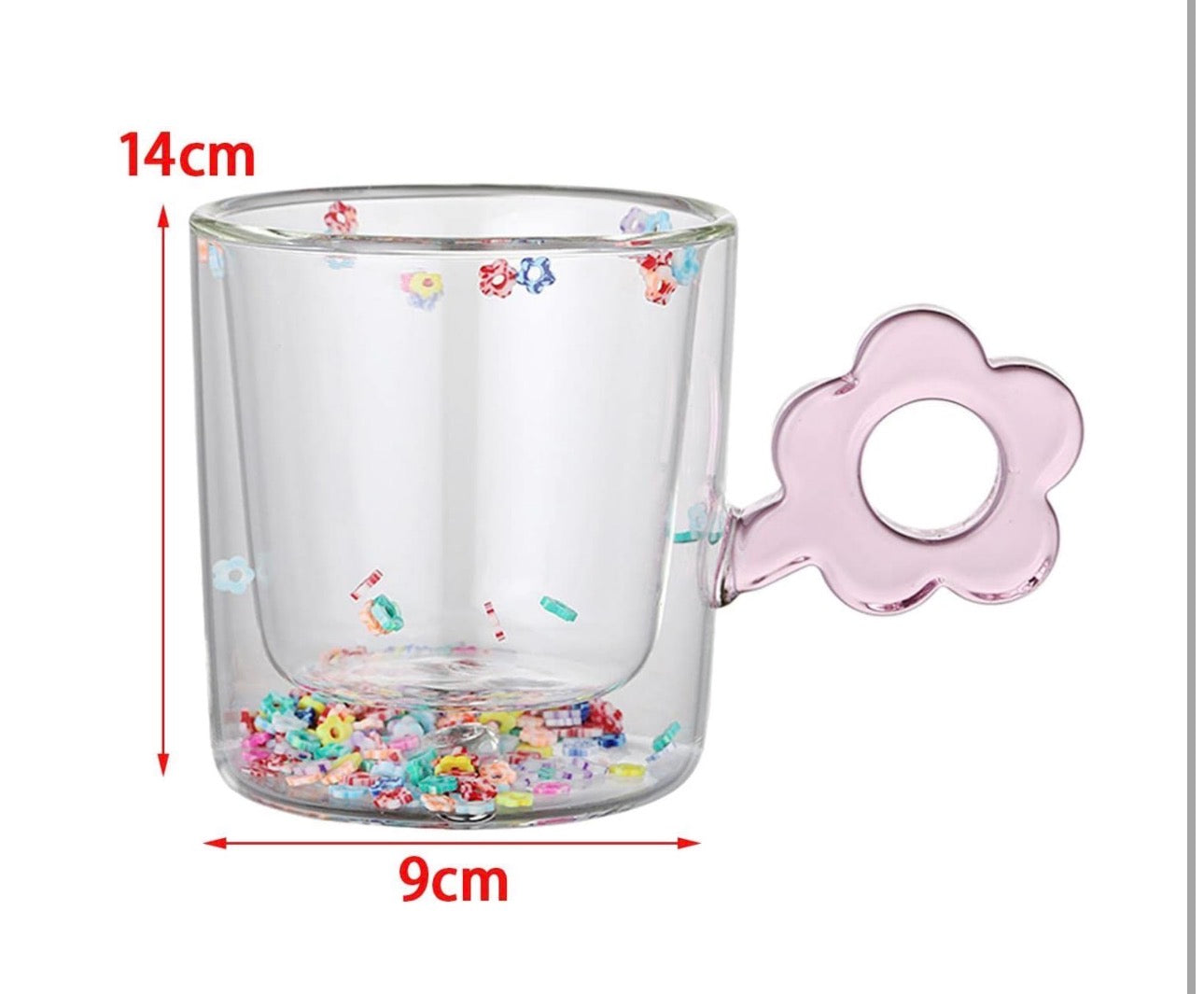 Elegant Double Wall Confetti Inside Glass Coffee Mug with Flower Handle