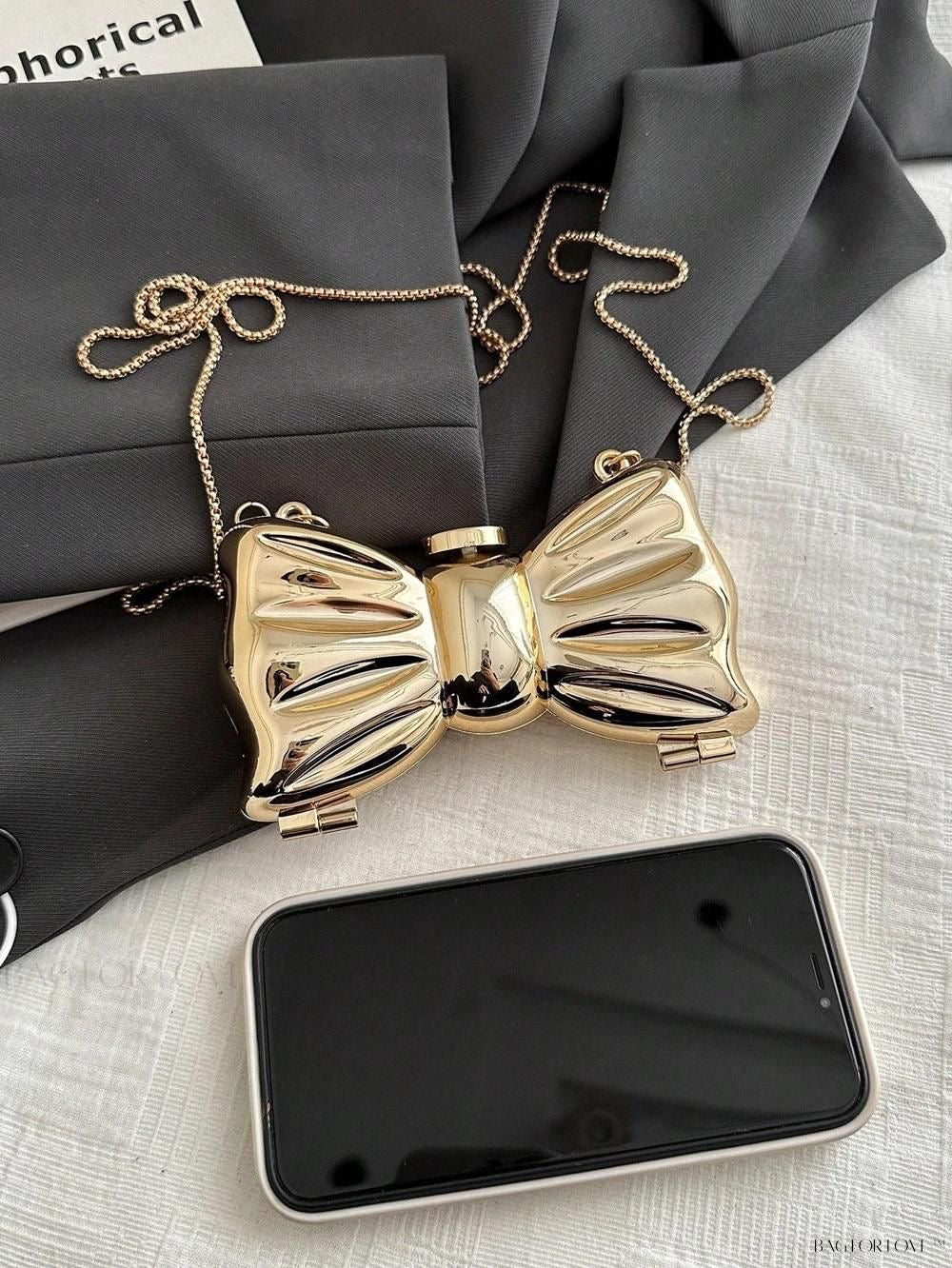 Mini Metal Bow Crossbody Bag, Mini Gold Bow Sling Bag