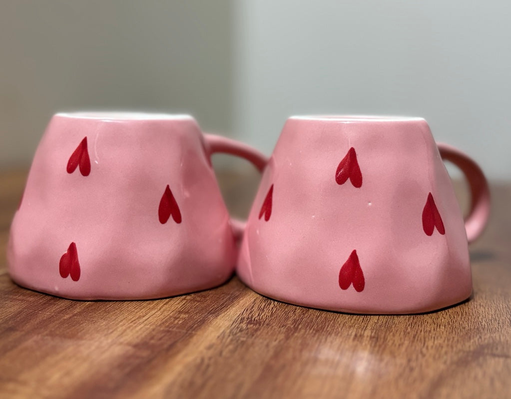 Red Hearts Print Pink Cups - Set of 2