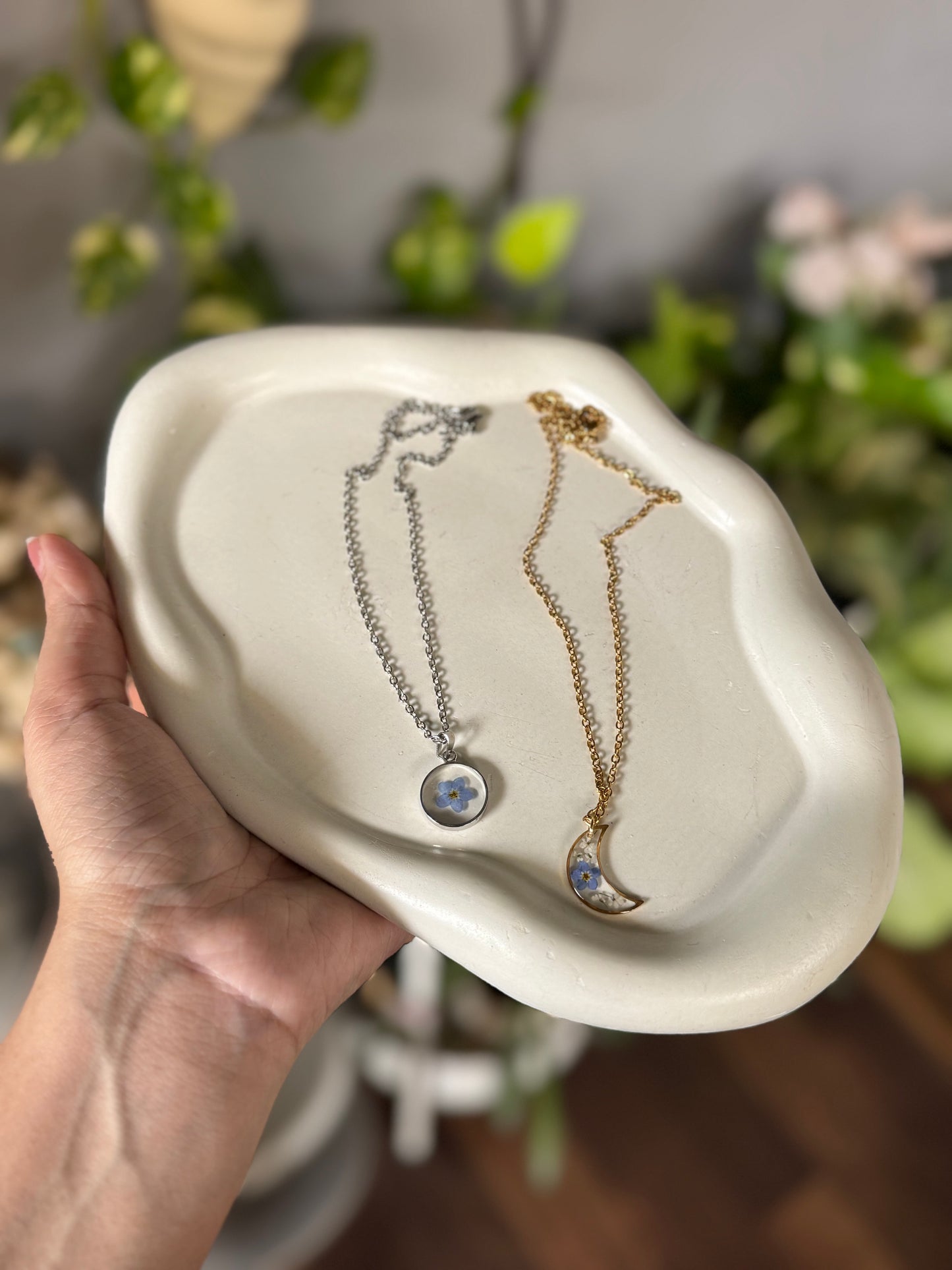 Moon Pendant with Real Pressed Flowers